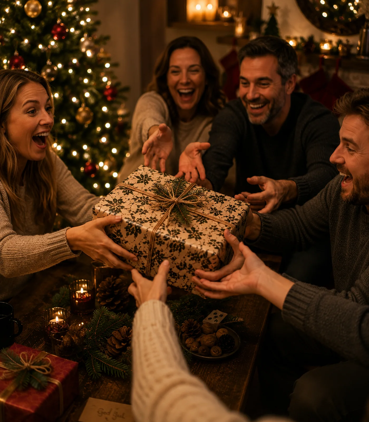 Deltagare i julklappsleken tävlar om ett inslaget paket.