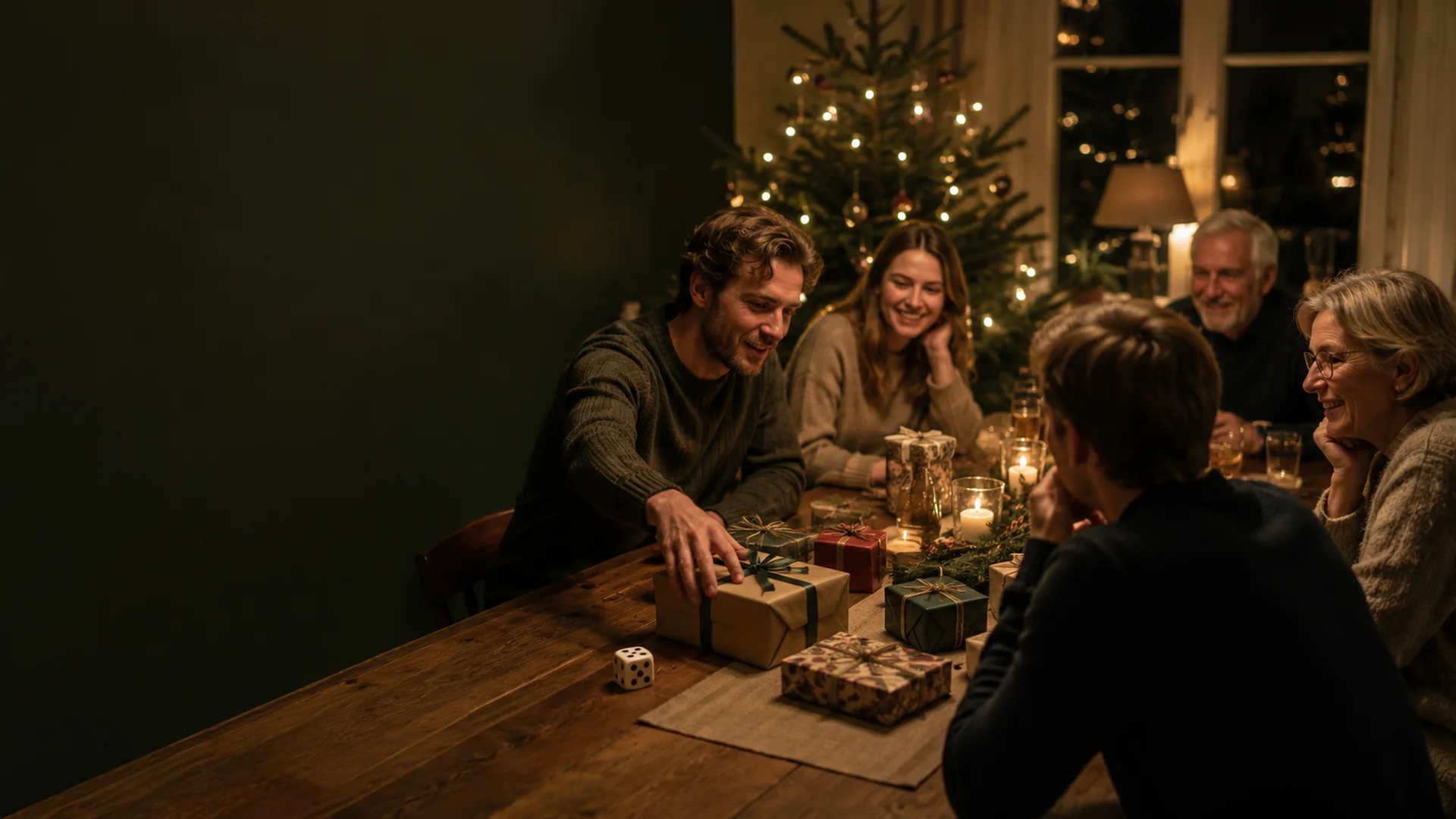 Familj spelar julklappsspelet med tärning och inslagna paket på bordet.