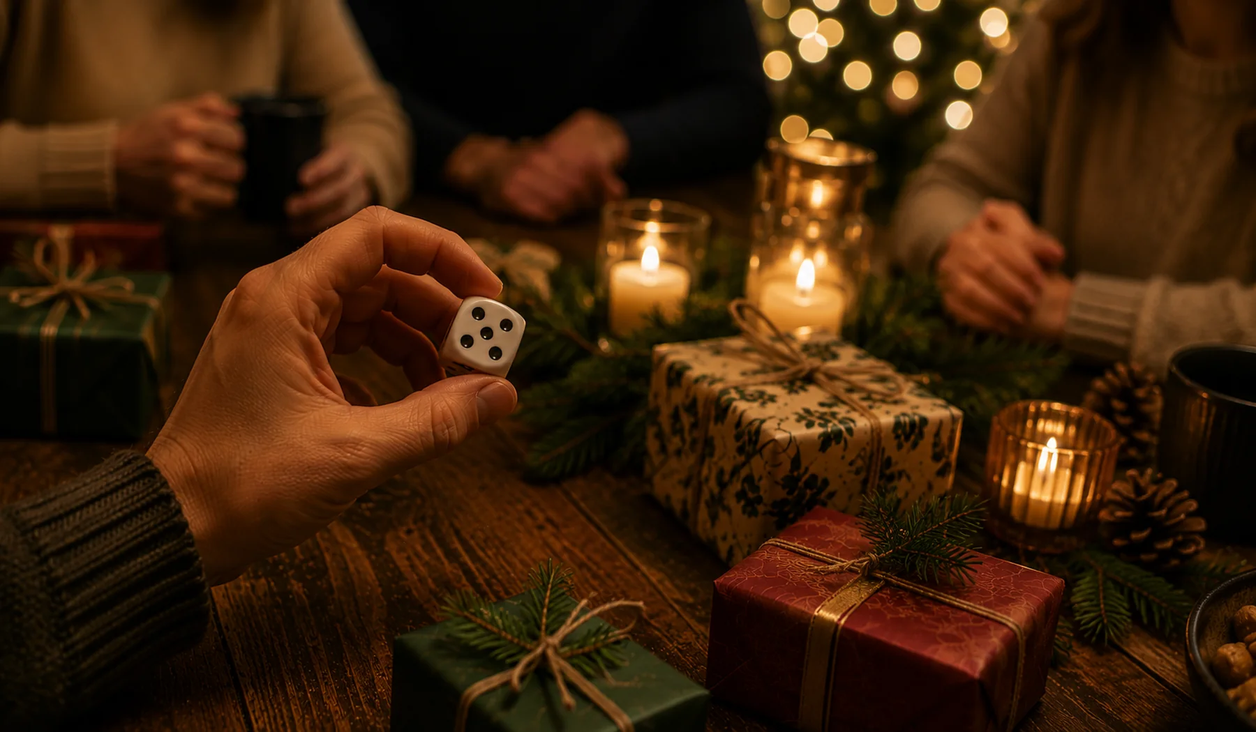 Hand håller en tärning inför ett kast i julklappsspelet.