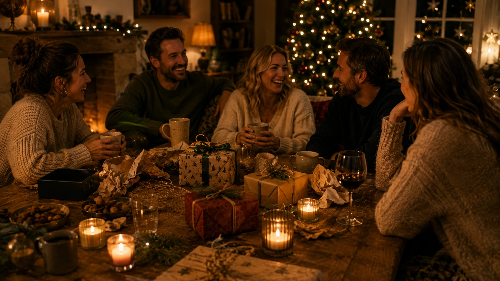 Vänner samlade kring julklappar efter julklappsspelet en sen julkväll.